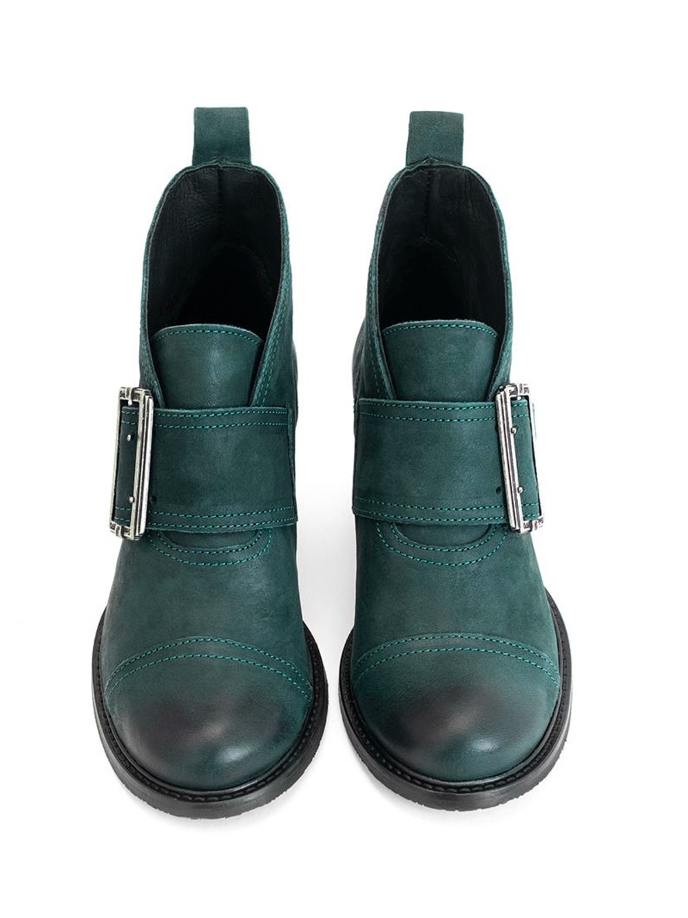 NIB John FLUEVOG Women’s 7 EAST END PORTER Peacock Leather Buckled Ankle Booties - Picture 2 of 10